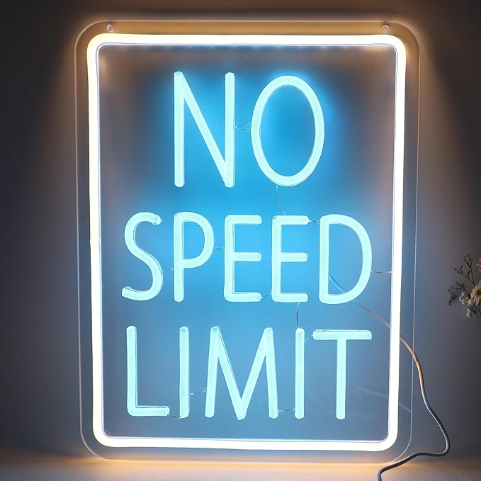 No Speed Limited LED Neon Sign, Cool Garage Sign, Race Cars Themed Bedroom Decor USB Powered Neon Light for Man Cave, Game Room, Teen Boy Decor Bar & Auto Lovers Holiday Birthday Gift