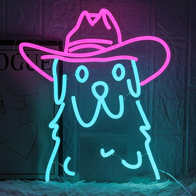 Cowboy Dog Neon sign Pink Blue Neon Signs for Wall Decor Dimmable Cowboy Neon Lights for Animal Decor Wall Bar Bedroom Kidsroom Business Game Room