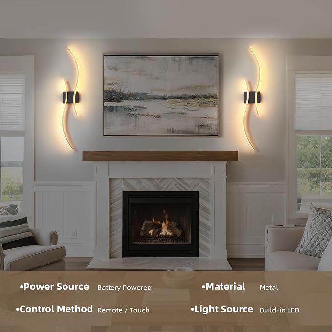 Battery Operated Wall Sconce Set of 2, Dimmable Modern LED Rechargeable Wall Light with Remote Control, Wall Decor for Living Room, Hallway, Quick Install, No Electrician Required
