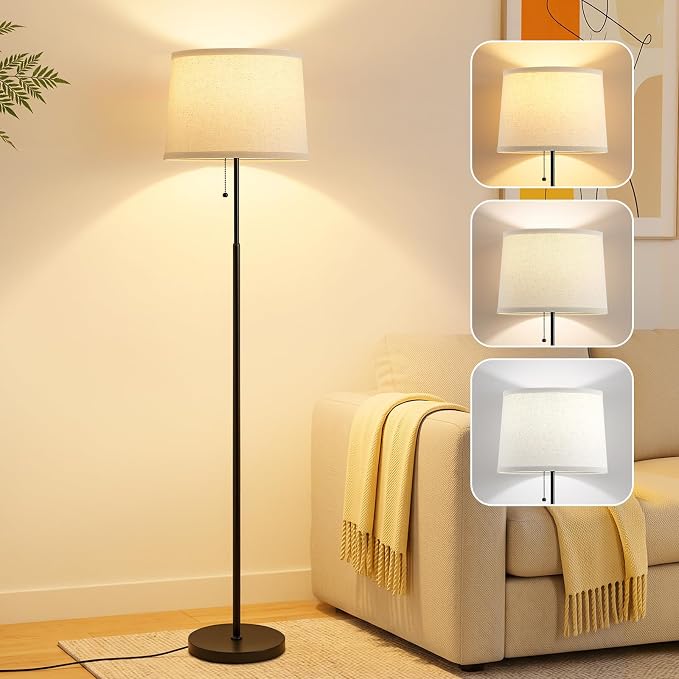 Floor Lamps for Living Room & Bedroom, 60" Modern Tall Standing Lamp, 3CCT | Lamps for Office, Classroom, Bedside, Linen Lampshade, Pull Chain Switch, Modern Design, Anti-glare Lighting, Easy Assembly