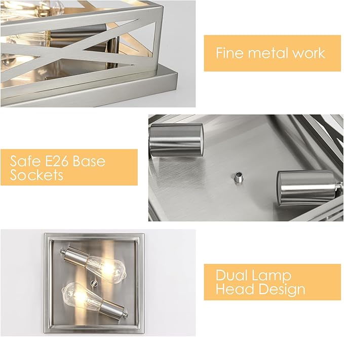 Brushed Nickel Industrial Square Cross Cage Close to Ceiling Light, 11 in Metal, 2-Pack, Silver, Dimmable, LED, 120W, Indoor, Kitchen, Bedroom, Hallway, Office