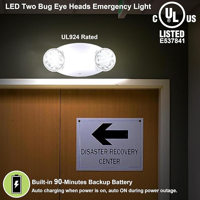 LIT-PaTH LED Emergency Lighting Fixtures with 2 LED Bug Eye Heads and Back Up Batteries- US Standard Exit Light, UL 924 and CEC Qualified, 120/277 Voltage, White, 1-Pack