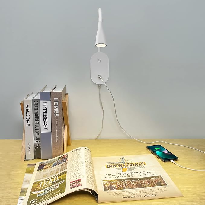 Wall Reading Light for Bed, Book Light with CRI 95+ for Eye Care, 4 Color Modes, 5 Dimmable, 2A USB Output, Memory Function, 4-Hour Auto Off, 360° Swivel Head Bed Headboard Reading Lamp White