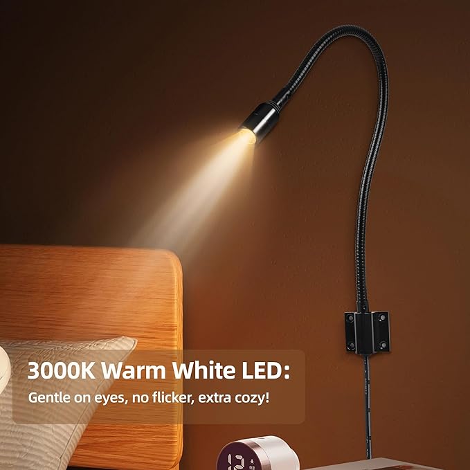 Reading LED Light for Bedside Bedroom Wall Mount Adjustable Gooseneck Black