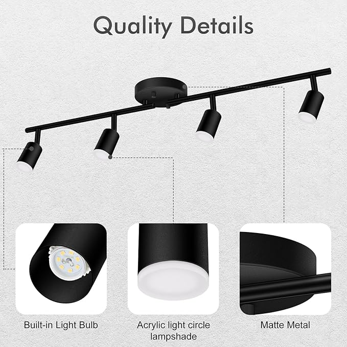 4 Light Track Lighting Fixtures Ceiling, 16W/2700K Black Track Lighting with Acrylic Lampshade & Rotatable Light Heads, 20000hrs Lifespan, Modern LED Track Lights Ceiling for Kitchen/Hallyway