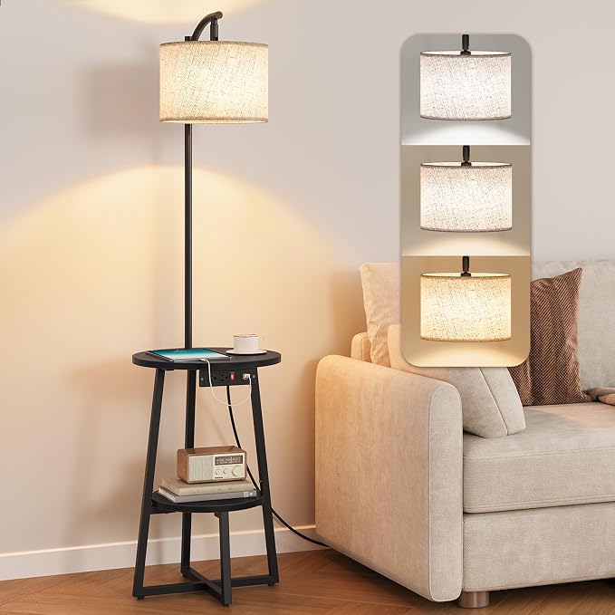 Yoobure Floor Lamp with Table - Farmhouse Night Stand with Charging Station | Side Table with Floor Lamps for Living Room, Bedroom, End Table with Lamp Attached 3 Color Temperatures Bulb, 2 Tier Shelves