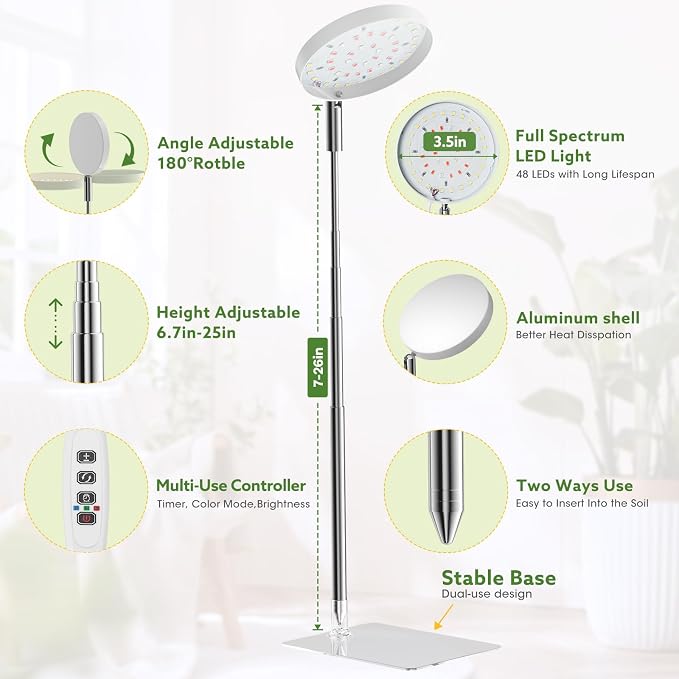 Grow Lights for Indoor Plants Full Spectrum, 48 LEDs Plant Light for Indoor Plants with 2 Mounting Options, 3 Optional Spectrums, 3/9/12Hrs, 10 Brightness, 2 Packs (White)