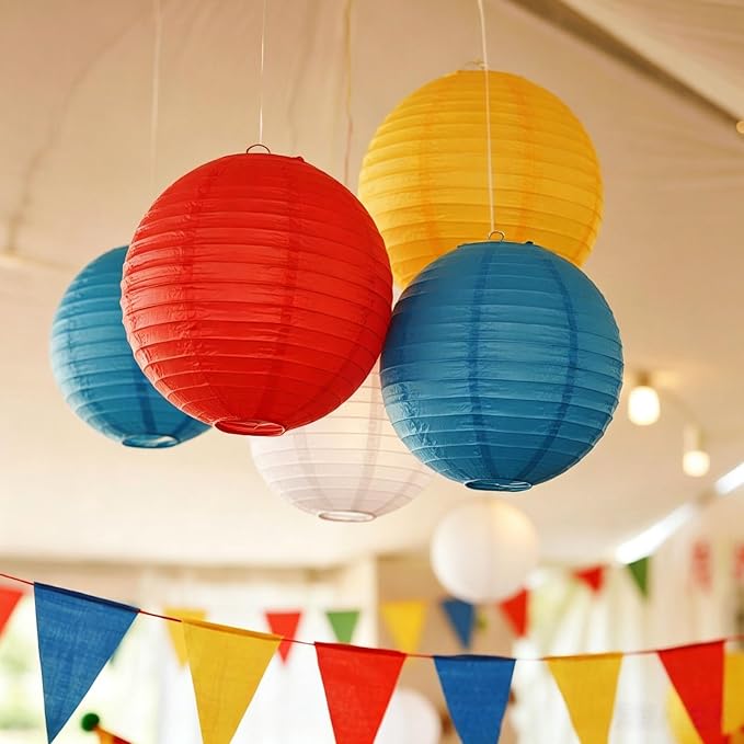 Blue, Red,Yellow,white Paper Lanterns Set (10 Pcs)- 8/10 Inch Round Hanging Paper Lanterns for Cartoon Birthday, Circus Party, Wedding, Classroom Decor, Baby Shower & Kids’ Room Accents