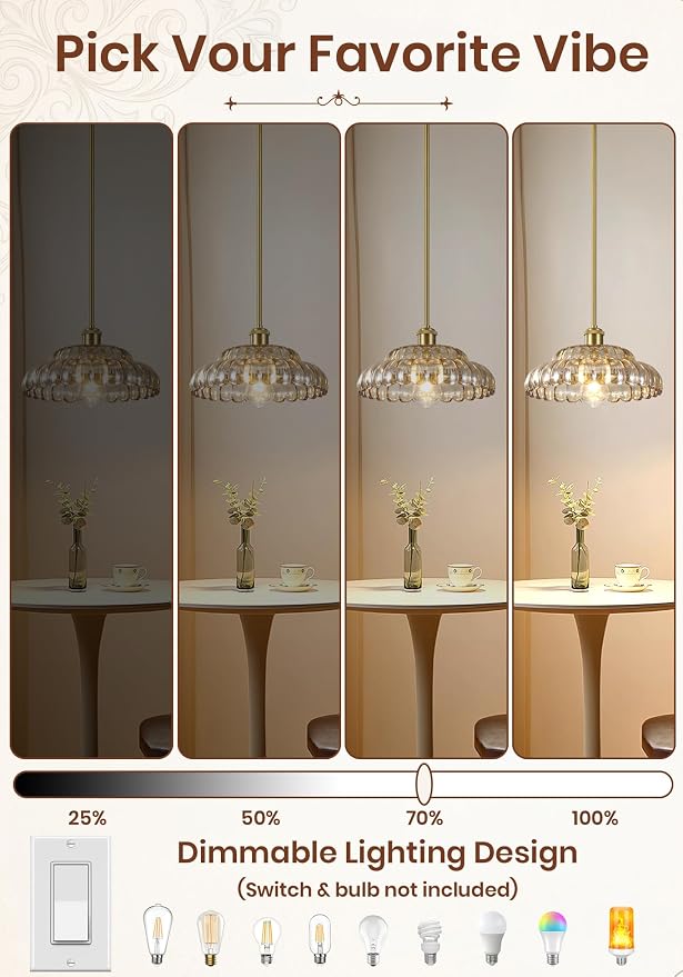 Gold Pendant Light with Glass Shade, Vintage Floral Glass Pendant Lamp for Kitchen Island, Adjustable Hanging Rods Sloped Ceiling Compatible, Living Room Bedroom Hotel-Amber