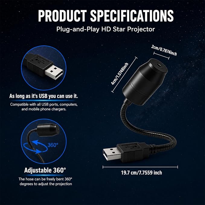 USB Galaxy Projector Night Light, Galaxy Starry Sky Night Light Projector,360°Rotation Night Light Star Projector with Romantic Atmosphere, Portable Mini Star Roof Lights for Car Bedroom Decor (1PCS)