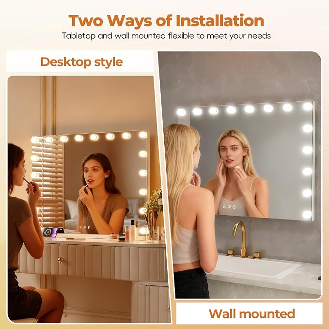 ZL ZELing Vanity Mirror Makeup Mirror with Lights,31.49" x 23.62"Large Tabletop Light up Mirror with 18Bulbs,10X Magnification,USB Charging Port,3 Color Touch Control Dimmable Lights.