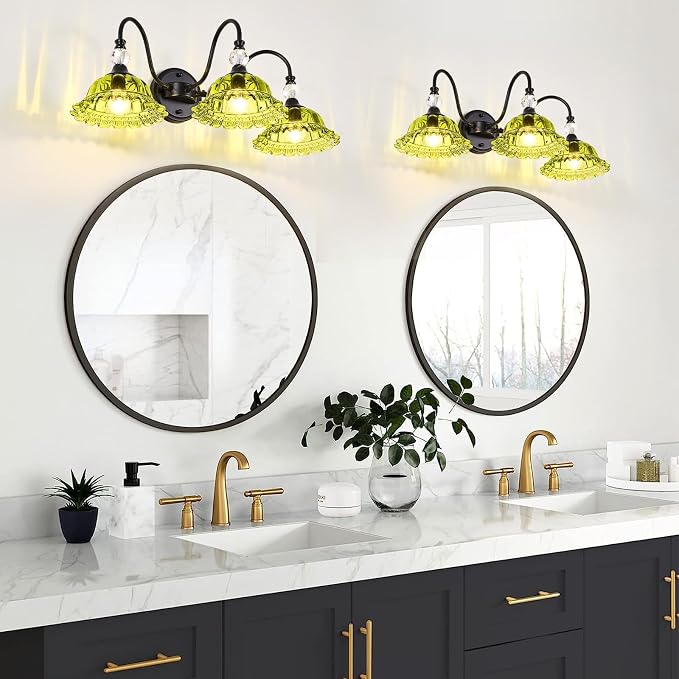 Vintage Bathroom Vanity Light Fixtures 3 Lights Matte Black Vanity Lights for Bathroom with Floral Green Crystal Glass Shades Vanity Wall Lights for Mirror Bedroom Living Room Hallway