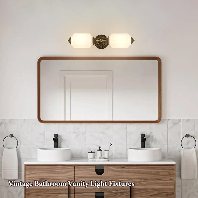 Vintage Milk Glass Bathroom Wall Sconce - Mid Century Dimmable Vanity Light | 25 in,Vertical or Horizontal Mounted,Antique Brass Gold Lighting Fixture for Bedroom Hallway Decor,E12 Bulb×2 Included