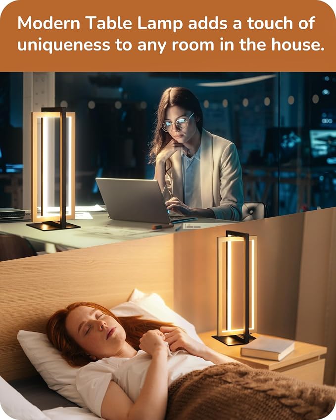EDISHINE LED Table Lamp Set of 2, Modern Dimmable Nightstand Lamps, Gold | 3 Color Temperatures, MAX 750LM, Angle Adjustable, Dual-Frame Rectangle, Ideal for Living Room, Bedroom