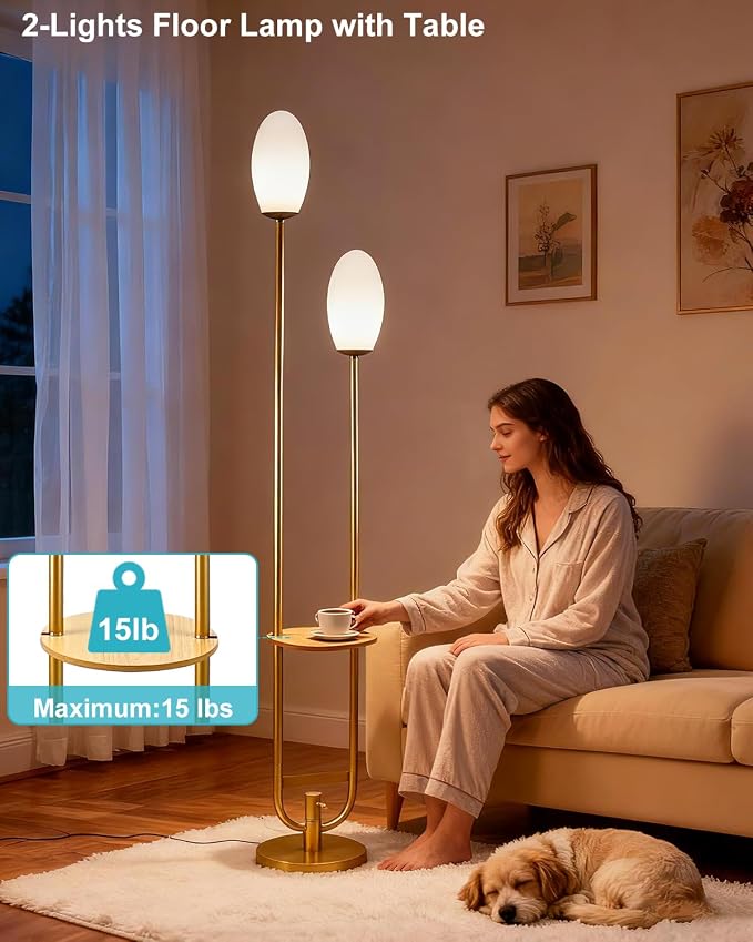 Lightdot Gold Dimmable Floor Lamp with Oval Bulbs Included Unique Tall Standing Lamps with Table Mid Century Modern Floor Lamp with 5Lbs Heavy Base for Living Room/Party/Sofa Beside/Corner Decor