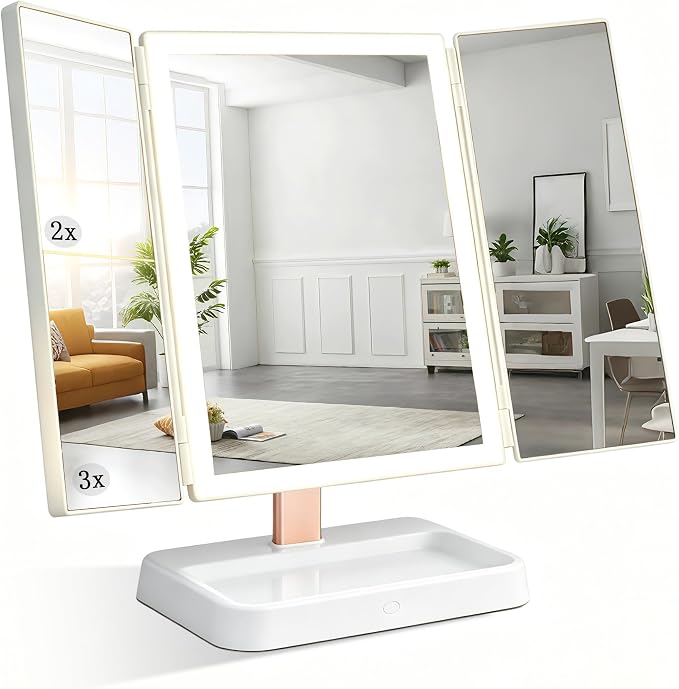9 x 14 in Trifold Makeup Mirror with Lights, 1X/2X/3X, White | 76 LEDs with three color modes, touch dimming and a 2400mAh rechargeable battery for cordless tabletop use