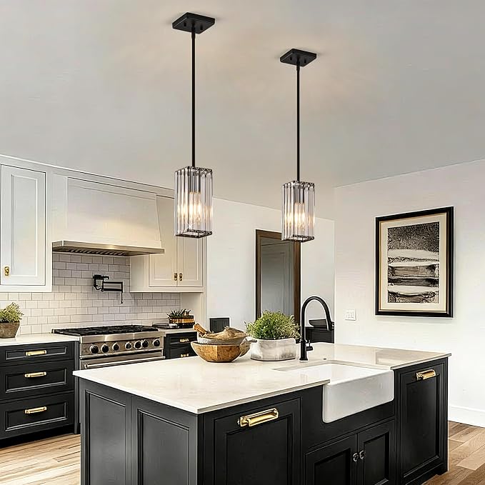 Modern Crystal Pendant Lights Kitchen Island, 1-Light Black Hanging Light with Clear Crystal Shade, Adjustable Height Pendant Lighting for Kitchen Island Dining Room Bedroom Bar Entryway