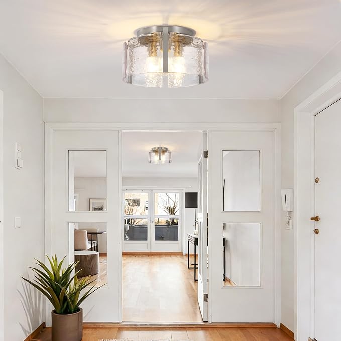 Brushed Nickel 3-Light Semi Flush Mount Ceiling Light, 15'' Modern Dimmable Hallway Fixture with Hammered Glass for Entryway Kitchen Bedroom Bathroom Foyer