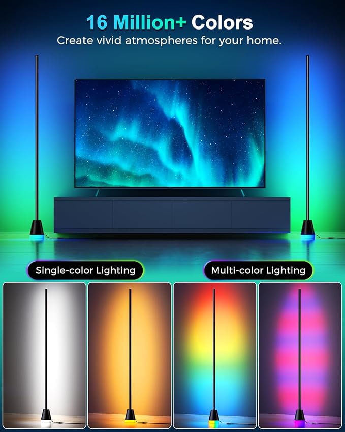 RGBIWC Corner Floor Lamp, Smart Ambient LED Light, Black | 16 Million Colors, Music Sync, Dynamic Lighting, 1800LM Brightness, APP/Remote Control, for Bedroom Living Room Gaming Room