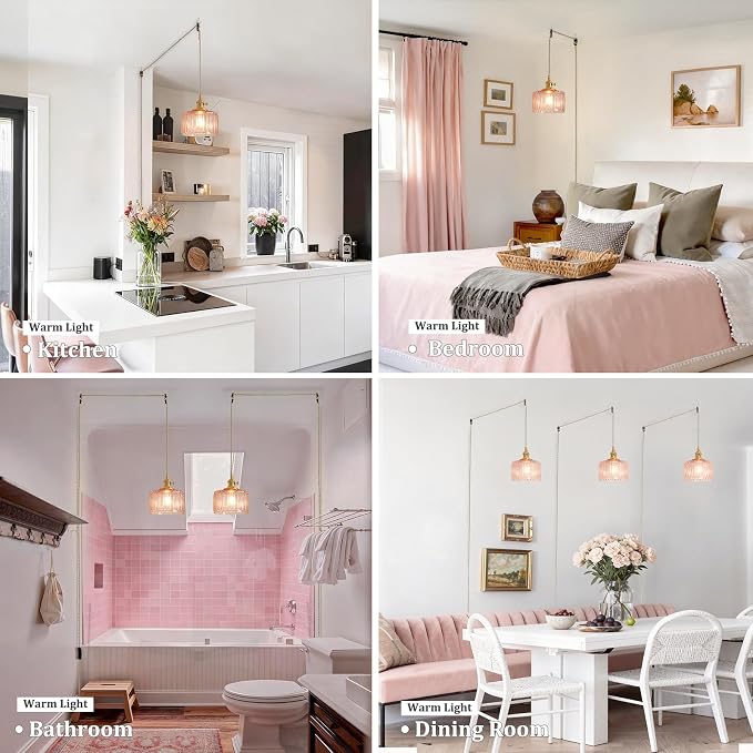 Shenmoyl Plug in Pendant Light Hanging Light Fixtures with Plugin Cord On/Off Switch,Pink Striped Glass Lampshade Brass Pendant Light