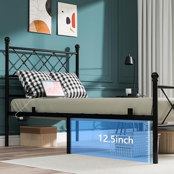 VINGLI Twin Bed Frame with LED Lights & Charging Station, Metal Platform Bed Frame with Headboard, USB Ports, Under Bed Storage, Noise Free, No Box Spring Needed, Easy Assembly, Black