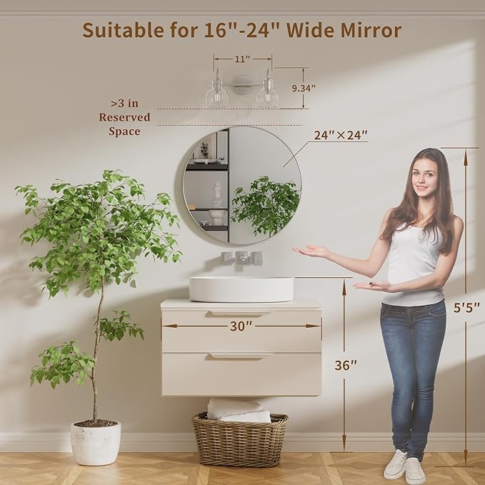 2-Light Bathroom Light Fixtures, Brushed Nickel Vanity Light with Clear Glass Shade,Modern Wall Sconce for Mirror Bath Bedroom Hallway Farmhouse Kitchen