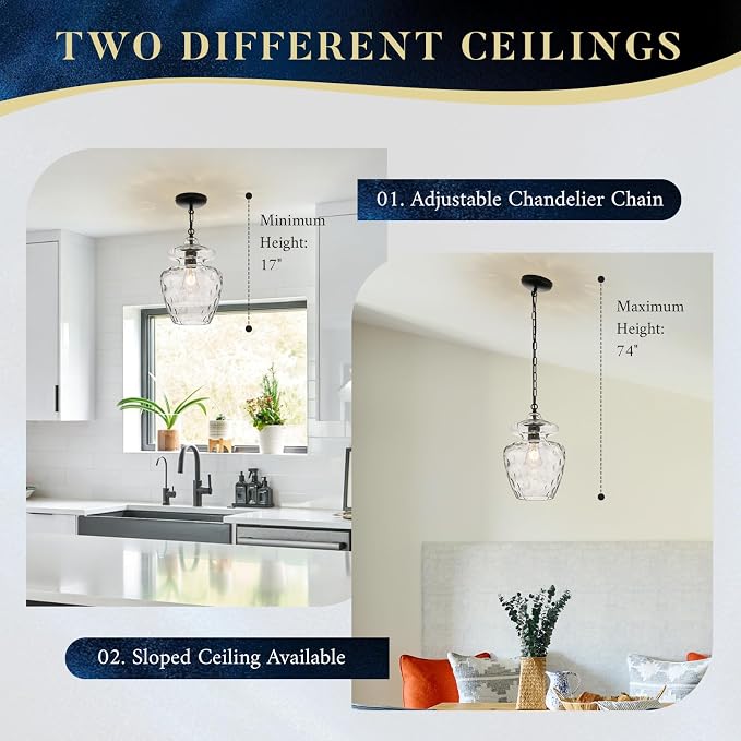Farmhouse Black Glass Pendant Lighting for Kitchen Island, Modern 9" Hanging Light Fixture for Dining Room Kitchen Sink Entryway Hallway Bedroom, E26 Base