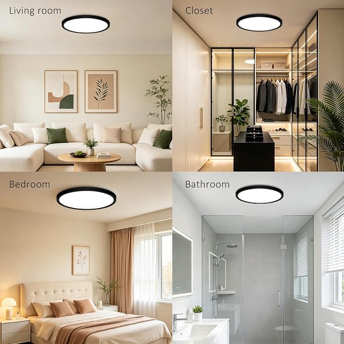 4PACK LED Flush Mount Ceiling Light, Super Slim 15 Inch 3000LM Ceiling Lights, 3000k/4000k/6500k Ceiling Light Fixture for Bedroom, Living Room, Dining Room, Kitchen, Wired, Black