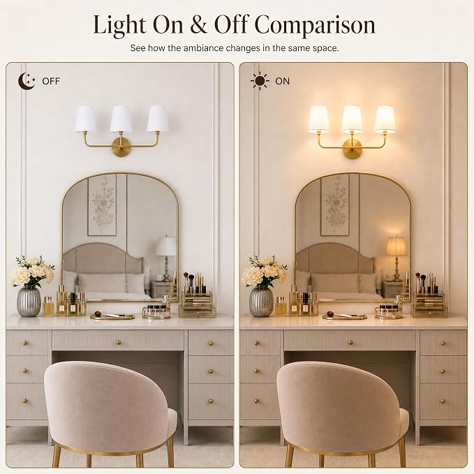 Bathroom Light Fixtures,3-Light Brushed Gold Vanity Lights,Lighting Fixtures Over Mirror with White Flared Fabric Shade,Modern Wall Sconce for Bathroom,Bedroom,Living Room,E26 Socket