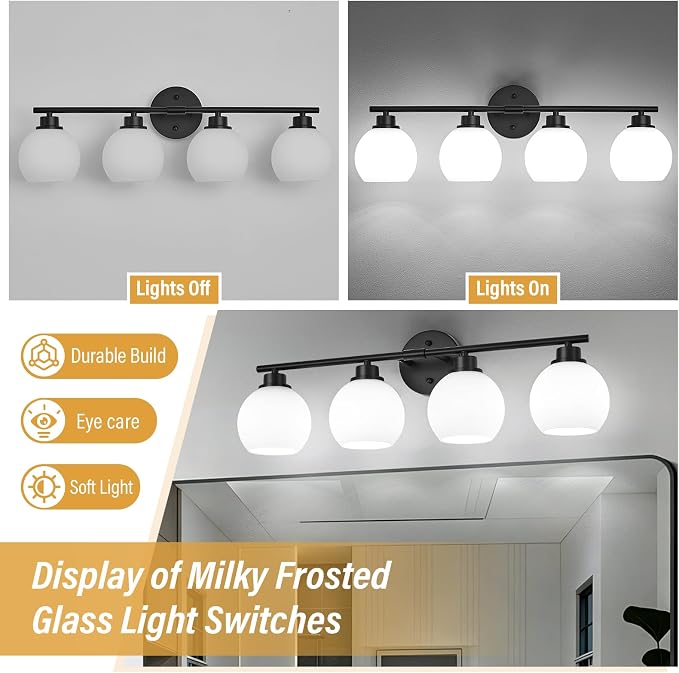 Matte Black Bathroom Light Fixtures, 4-Light Vanity Light Over Mirror | Modern Bathroom Lighting Over Mirror, Wall Sconces, Milky White Globe Glass Shades, E26 Socket,ETL Listed