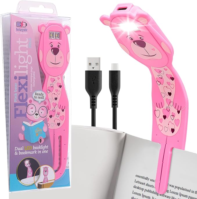 Gifts for Readers & Writers Rechargeable Book Light for Kids, Clip On Reading Light for Bed, 2in1 Flexilight Pals & Bookmark, 12 Hours of Light Once Charged, Includes USB Cable & 2 LED Lights, Bear