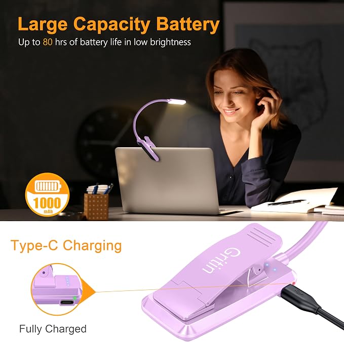 Gritin 9 LED Rechargeable Book Light for Reading in Bed | Eye Caring 3 Color Temps,Stepless Dimming Brightness,80 Hrs Runtime Small Lightweight Clip On Book Reading Light-Purple