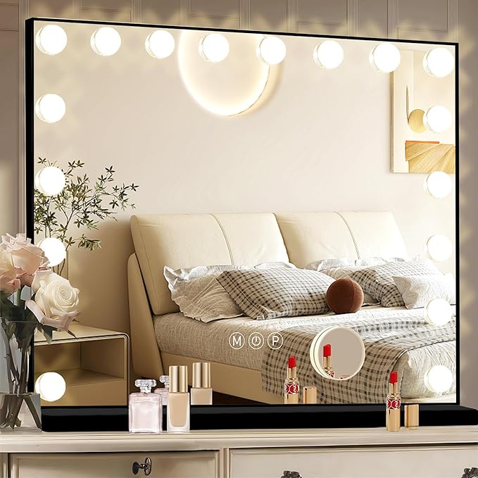 Black Hollywood Vanity Mirror with Lights, 18 Dimmable Bulbs, 3 Color Lights,Make Up Lighted Mirror, Aluminum Metal Frame, USB Charging Port（32" x 24"）
