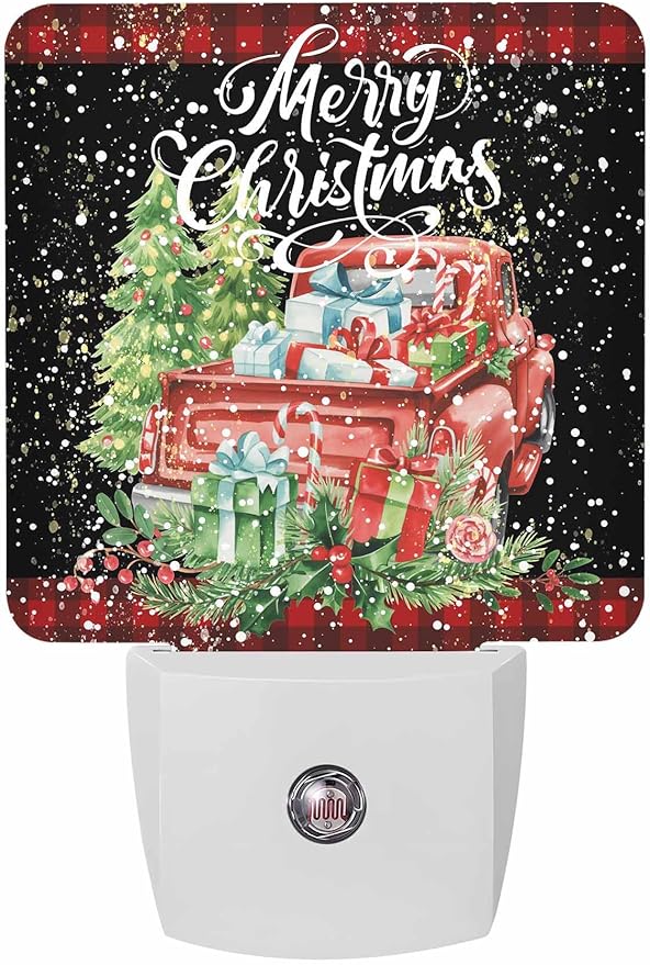 Christmas Night Lights Plug into Wall LED Night Light Christmas Tree Truck with Gift Red Plaid Automatic Dimmable Dusk-to-Dawn Square Shaped Smart Nightlight for Bathroom/Bedroom