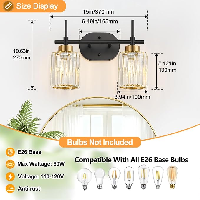Modern Crystal Bathroom Vanity Light Fixtures, 2-Light Black and Gold Bathroom Wall Sconce Lighting for Over Mirror, Clear K9 Crystal Shades, E26 Base, Bulbs Not Included
