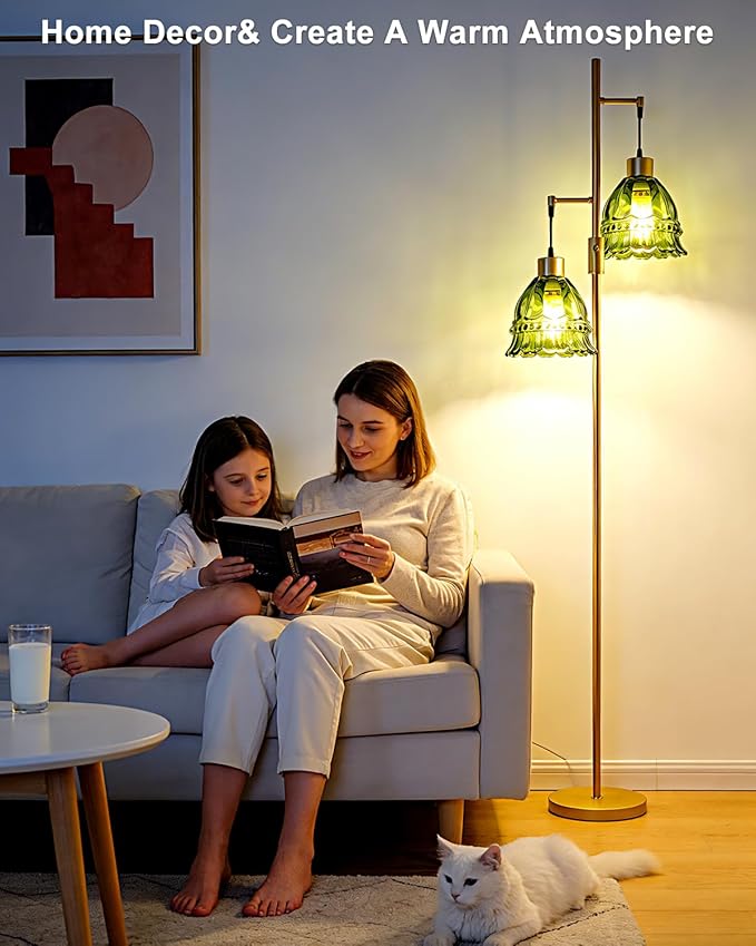 Lightdot 65IN Glass Floor Lamp for Living Room, 2- Light Gold Flower Floor Lamps with Green Glass Lampshade, 3000K Warm White Modern Standing Tall Lamp for Bedroom Corner