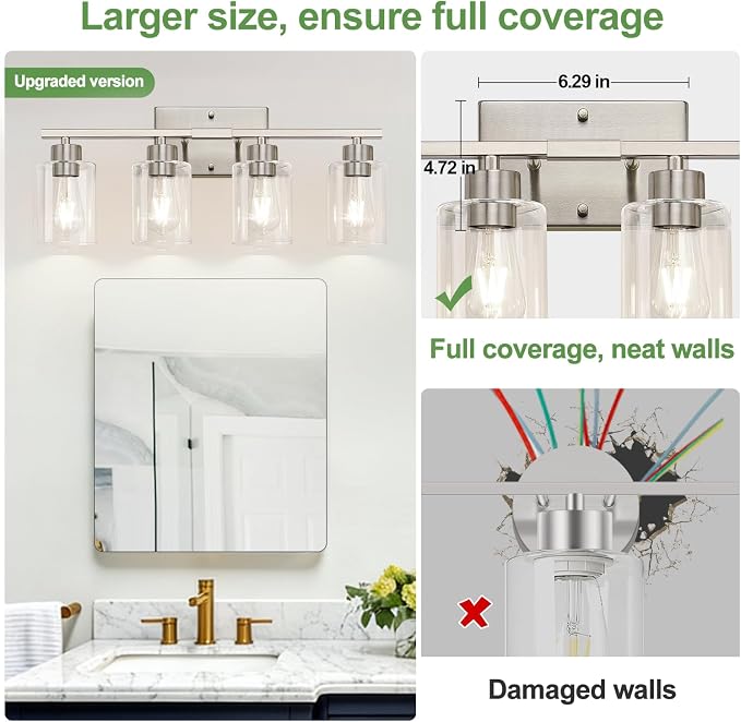 4-Light Bathroom Light Fixtures, Brushed Nickel Vanity Lights, Bathroom Lighting with Clear Glass Shade, Vanity Lighting fixtures for Mirror Kitchen Bedroom Hallway Living Room