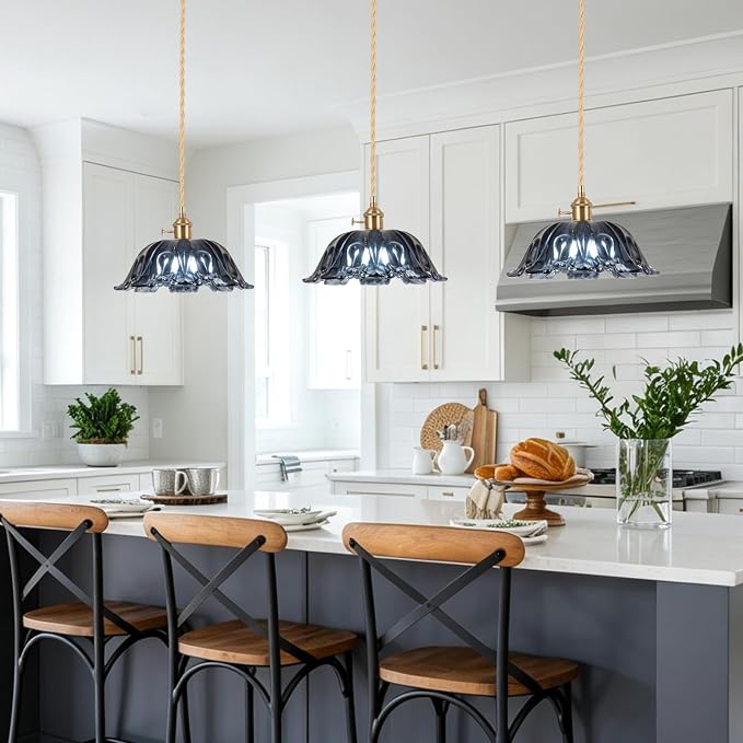 Plug in Pendant Light Fixtures,Hanging Light Fixture Corded On/Off Switch,10.6in E26 Blue Glass Lampshade Pendant Lighting for Kitchen Island, Bedroom, Dining Room
