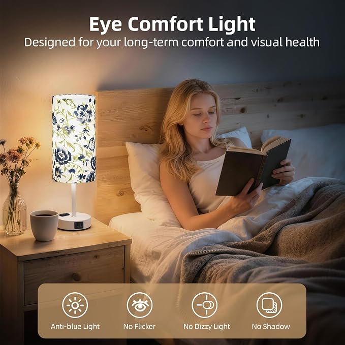 Table Lamp for Nightstand, High-Sensitivity Touch, 3-Level Dimmable Bedside Lamp with AC Outlet | USB | and USB-C, Ideal Night Stand Lamp for Bedroom (1, Printed&White)