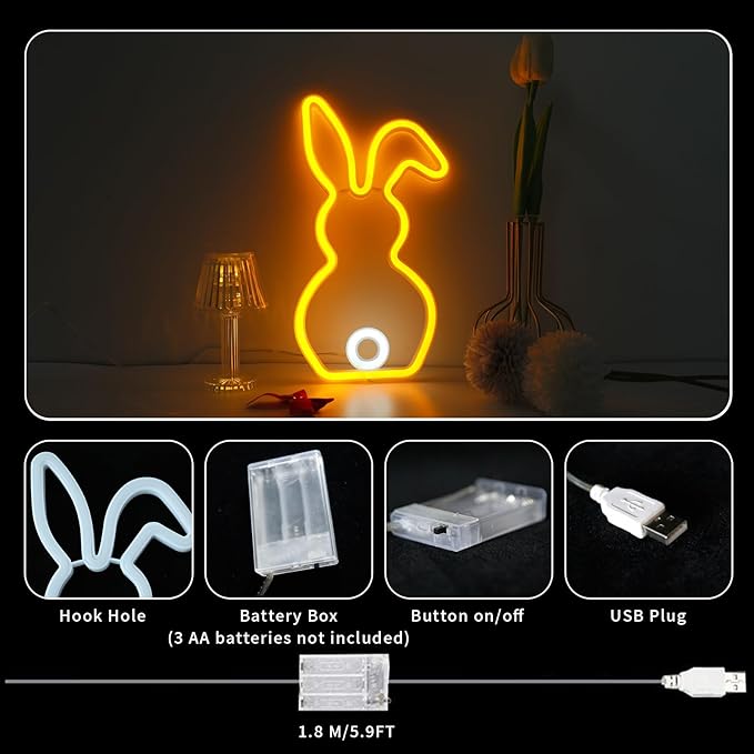 ENUOLI Novelty Rabbit Neon Sign Art Wall Lights for Business Bunny Neon Light Bar Club Bedroom USB Powered for Bedroom Children's Room Rabbit Decoration Easter Gifts For Kids Wedding Birthday Party