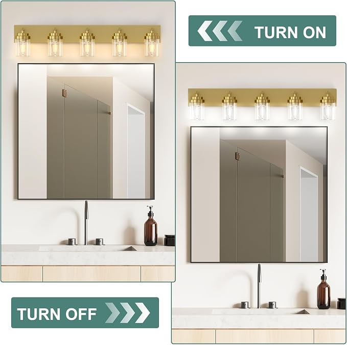 IZORRO Bathroom Vanity Light Fixture, 5-Light 36 Inch Gold Bathroom Light Fixtures Over Mirror, with Clear Glass Shade, Modern Farmhouse Vanity Lights, Rustic Restroom Lighting Fixtures