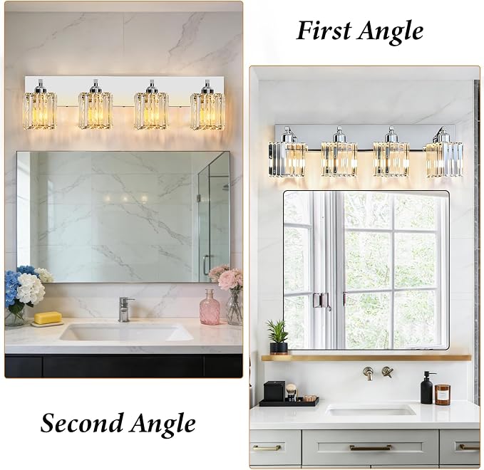 Brushed Chrome Crystal Bathroom Vanity Light, 4-Light Modern Bathroom Lighting Fixtures Over Mirror,Chrome Wall Sconce Light Fixtures with Square Shade