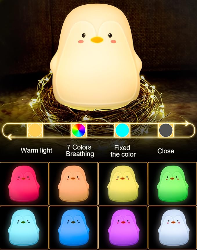 Penguin Night Light, USB Rechargeable Silicone LED Night Light for Kids , Multicolor Cute Nursery Night Lights with Warm White and 7-Color Breathing Mode,Christmas Gift for Kids Baby Children Bedrooms