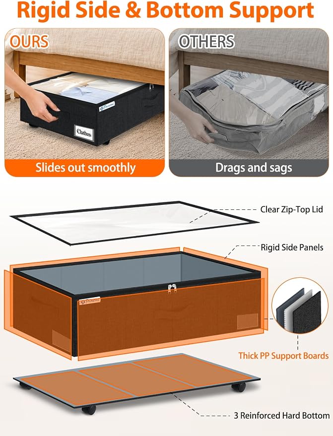 punemi 10 inch Tall Under Bed Storage Bins with Wheels, 2-Pack, Black | Clear Lids,360° Wheels,for Clothes, Shoes, Blankets & Bedding, Closet, Shelf & Dorm Organization