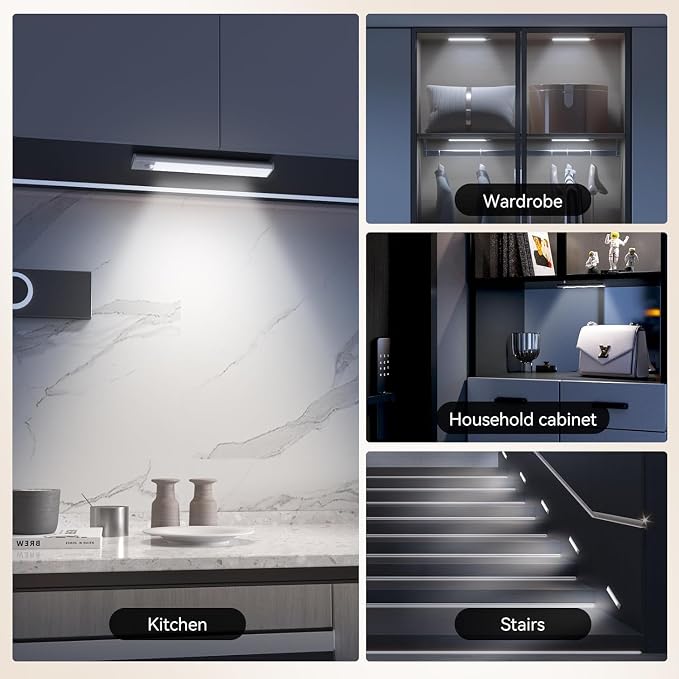 7.8 inch Under Cabinet Lighting Rechargeable 2 Pack Battery Operated | 1800mAh Rechargeable Wireless Dimmable Under Counter Lights for Kitchen, Stairs, Pantry, Easy Installation Magnetic