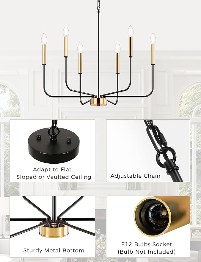 DORESshop 6-Light Black and Gold Farmhouse Chandeliers for Dining Room, Light Fixture Adjustable Height, Industrial Modern Chandeliers for Living Room, Bedroom and Foyer