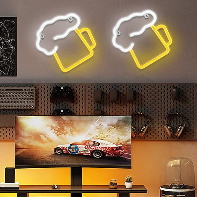 ENUOLI Neon Beer Lights,Battery/USB Operated Night Lights,Yellow White Neon Signs for Wall Decor,LED Beer Signs for Man Cave,Bedroom,Bar,Nightclub,Holiday Celebration Party Decor(8.6''x8.6'')