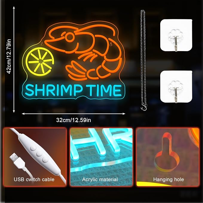 Shrimp Time Neon Sign LED Anime Light Up Bar Kitchen Shrimp Neon Signs for Wall Decor Seafood LED Sign Lobster Orange Light Up Bar Decor Restaurant Game Room Art Wall Restaurant Gifts for Beer Lover