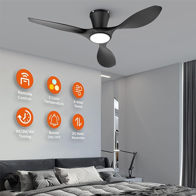 TALOYA 42 Inch Black Ceiling Fans with Lights Led Remote Control Flush Mount Low Profile for Bedroom Farmhouse Patio Outdoor Living Room Kitchen Dining Room,DC Motor,Reversible