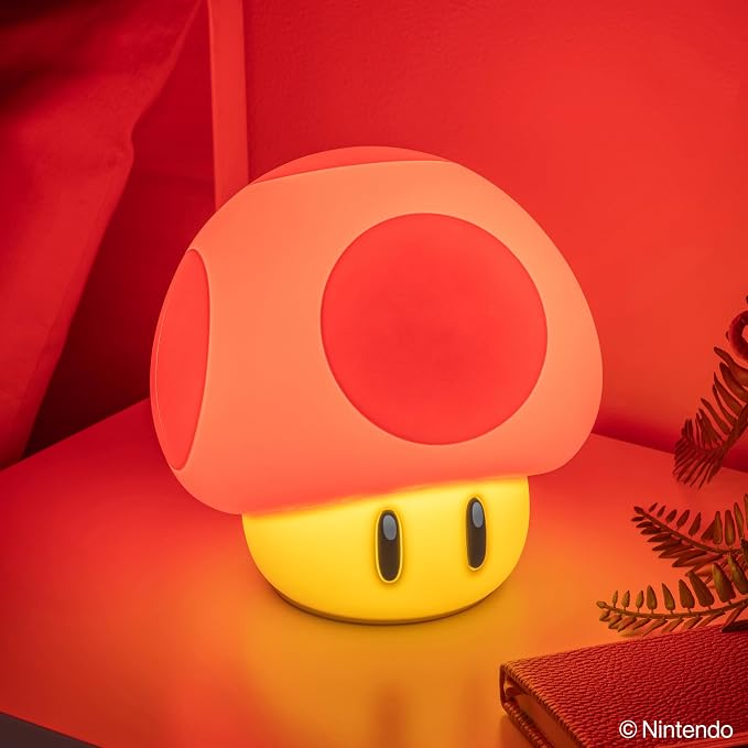 Paladone Super Mario Super Mushroom SquishyGlo Light – Rechargeable Silicone Night Light with 3 Brightness Levels, Official Nintendo Lamp